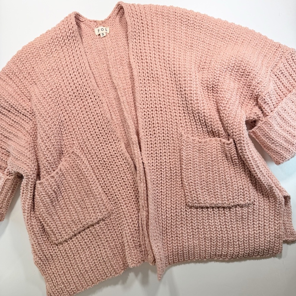 POL Pink Open Sweater Shrug S Oversized Elbow Sleeve Chunky Knit Pockets Boho